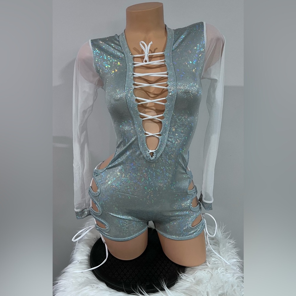Silver Lace-Up Holographic Jumpsuit